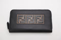 Fendi FF Logo Round Zip Wallet Leather Black Brown Silver