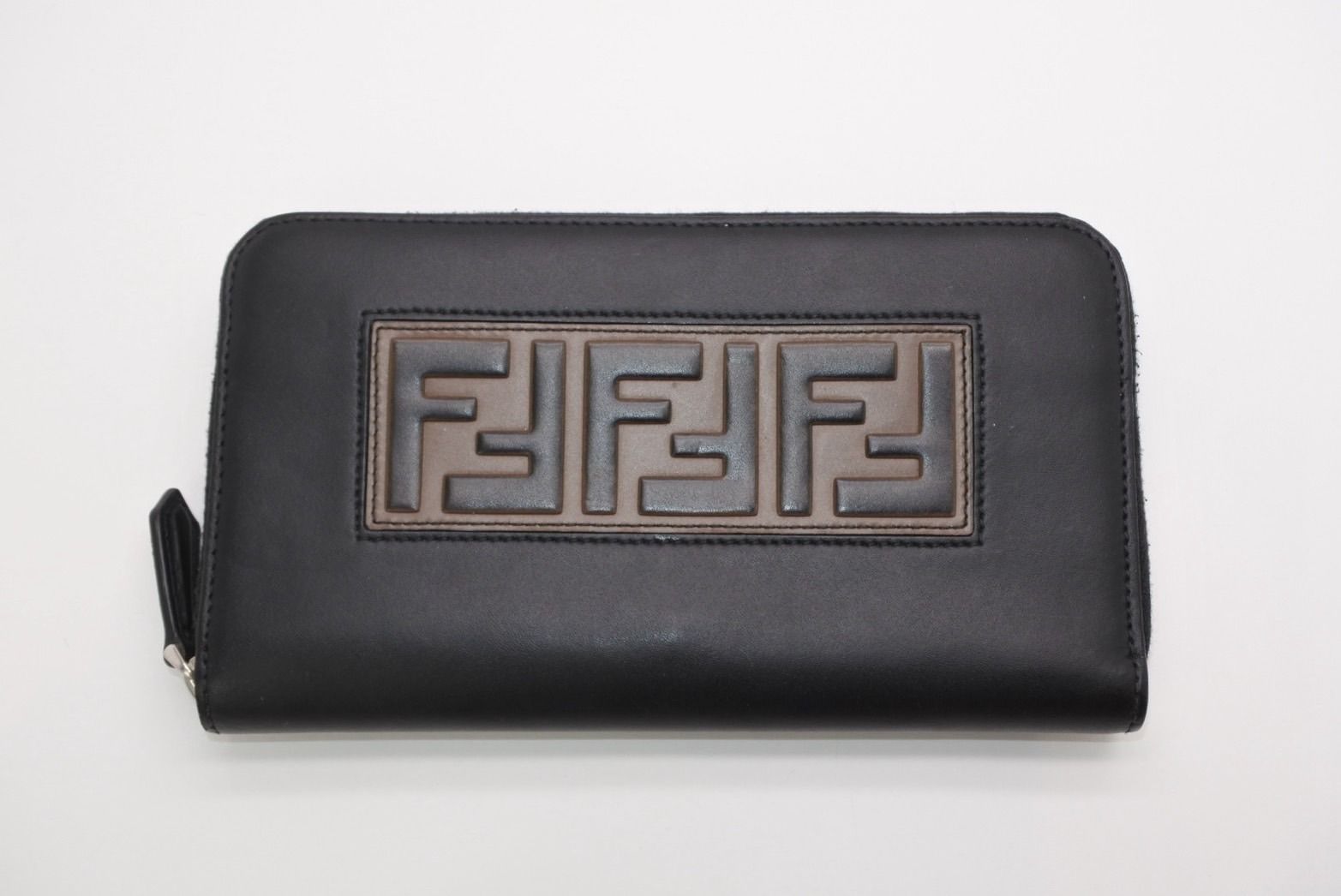 Fendi FF Logo Round Zip Wallet Leather Black Brown Silver