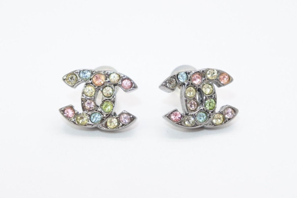 Chanel CC Logo Earrings 05 Color Stone Metal Silver