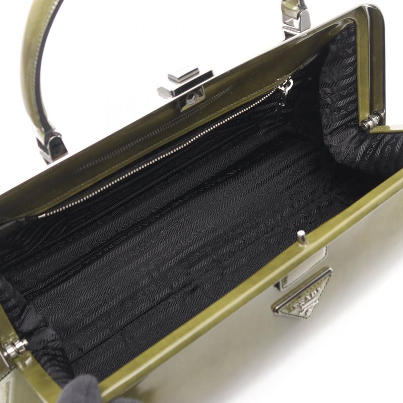 Prada Handbag Triangle Logo Green Leather Top Handle Bag