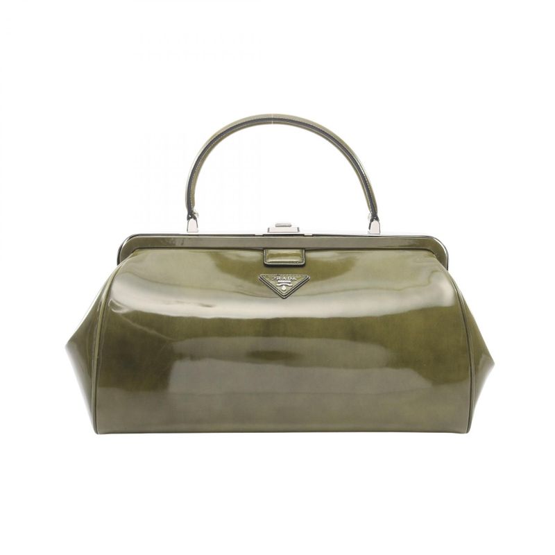 Prada Handbag Triangle Logo Green Leather Top Handle Bag