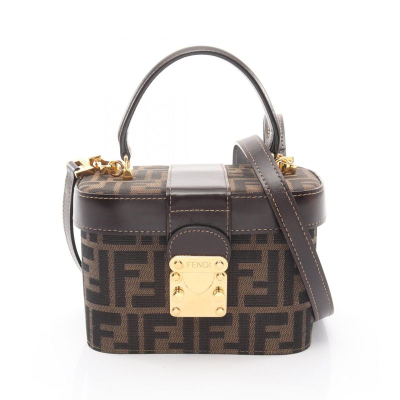 Fendi Handbag Zucca Black Brown Canvas Leather Vanity Bag