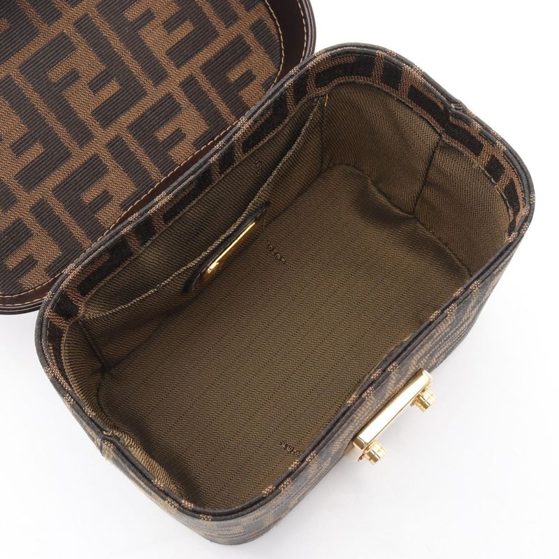 Fendi Handbag Zucca Black Brown Canvas Leather Vanity Bag