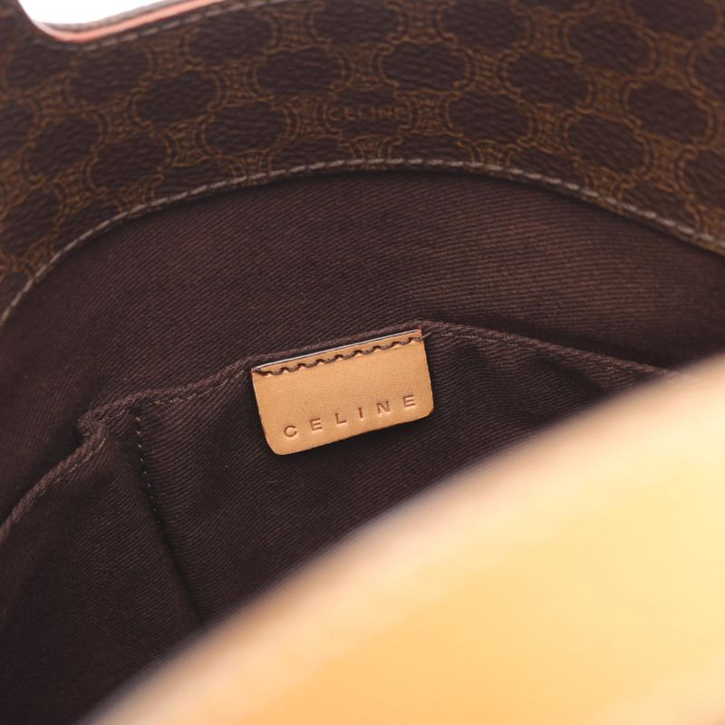 Celine Handbag Macadam Logo Embossed Dark Brown Natural Canvas Brown. Beige