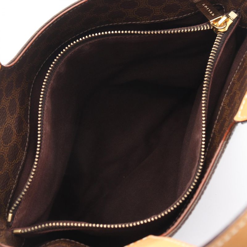 Celine Handbag Macadam Logo Embossed Dark Brown Natural Canvas Brown. Beige