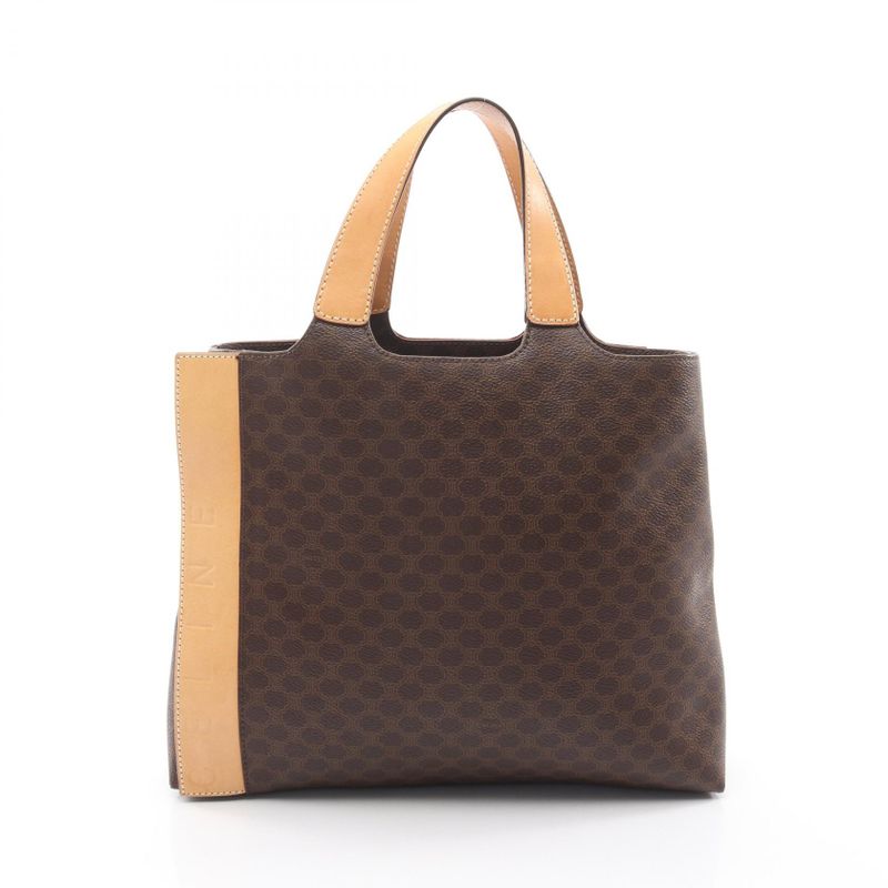 Celine Handbag Macadam Logo Embossed Dark Brown Natural Canvas Brown. Beige