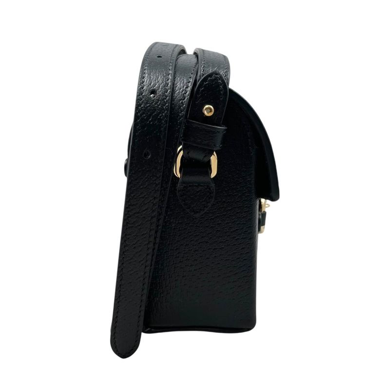 Gucci Shoulder Bag Horsebit Flap Leather Black Gold