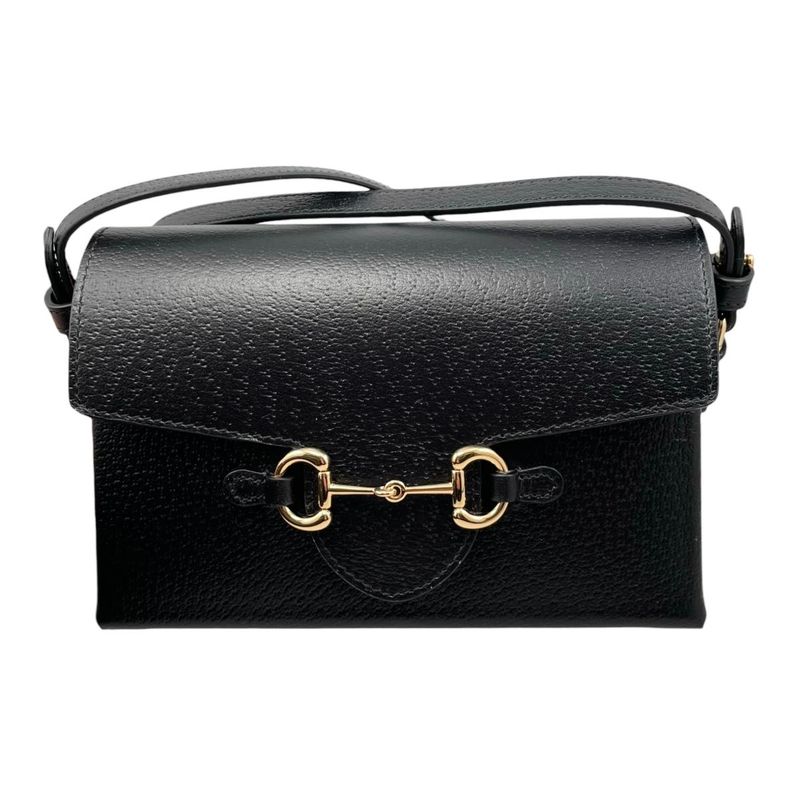 Gucci Shoulder Bag Horsebit Flap Leather Black Gold