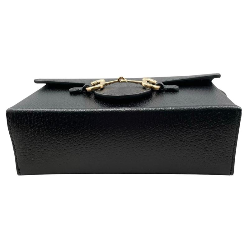Gucci Shoulder Bag Horsebit Flap Leather Black Gold