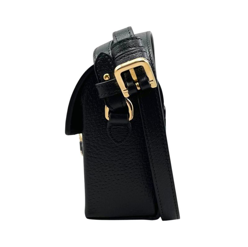 Gucci Shoulder Bag Horsebit Flap Leather Black Gold