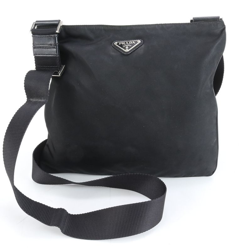 Prada Tessuto Nylon Triangle Logo Leather Shoulder Bag Messenger Black