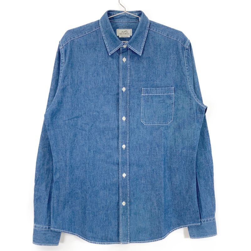 Hermes Indigo Cotton Celery Calf Button Oversized Denim Shirt 40 ) Indigo