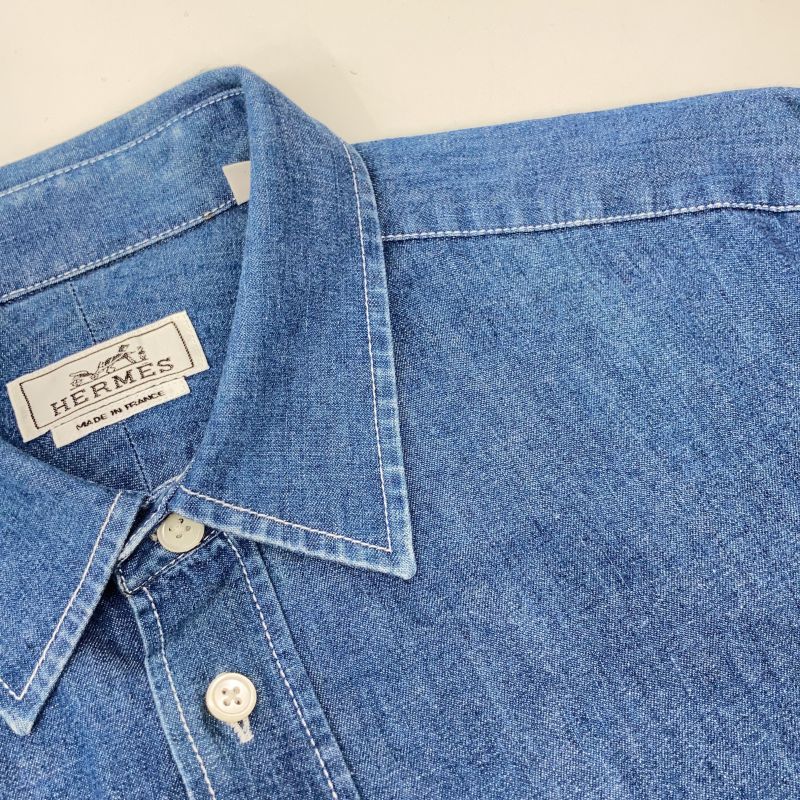 Hermes Indigo Cotton Celery Calf Button Oversized Denim Shirt 40 ) Indigo