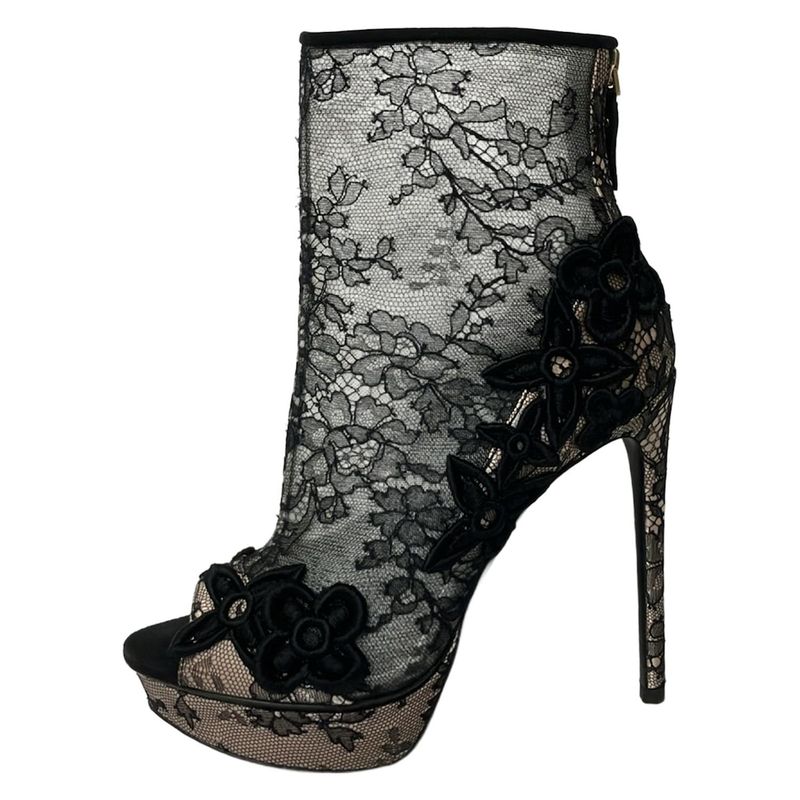 Louis Vuitton Short Boots 35.5 Black Beige Lace Open Toe X