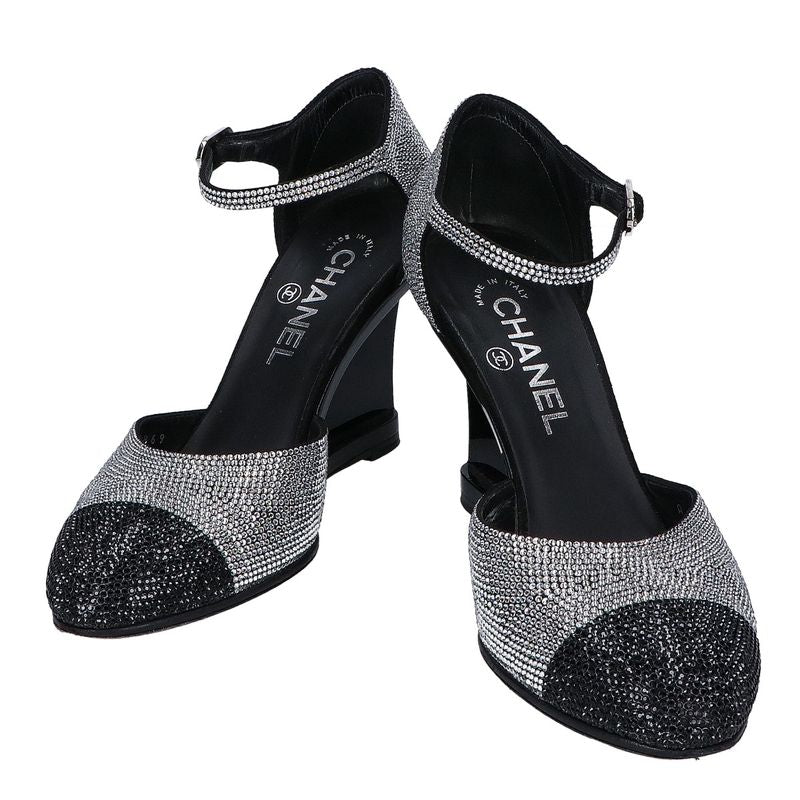 Chanel CC Logo Rhinestone Heel Sandals 37C ) Black