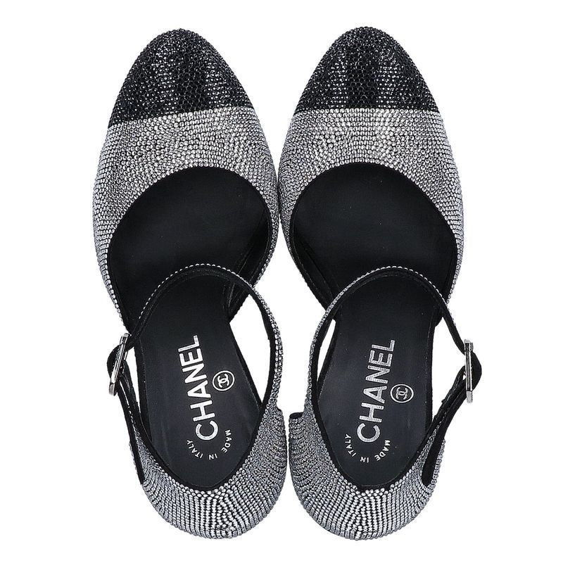 Chanel CC Logo Rhinestone Heel Sandals 37C ) Black