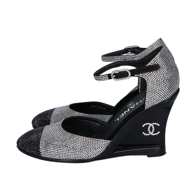 Chanel CC Logo Rhinestone Heel Sandals 37C ) Black