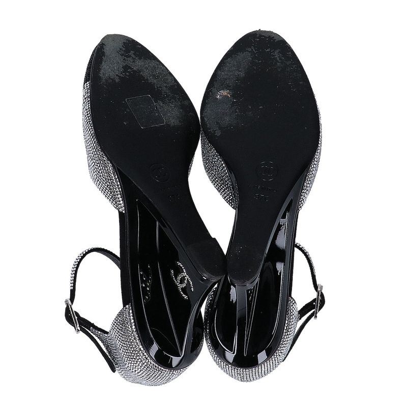 Chanel CC Logo Rhinestone Heel Sandals 37C ) Black