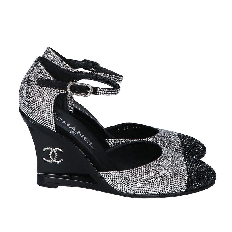 Chanel CC Logo Rhinestone Heel Sandals 37C ) Black