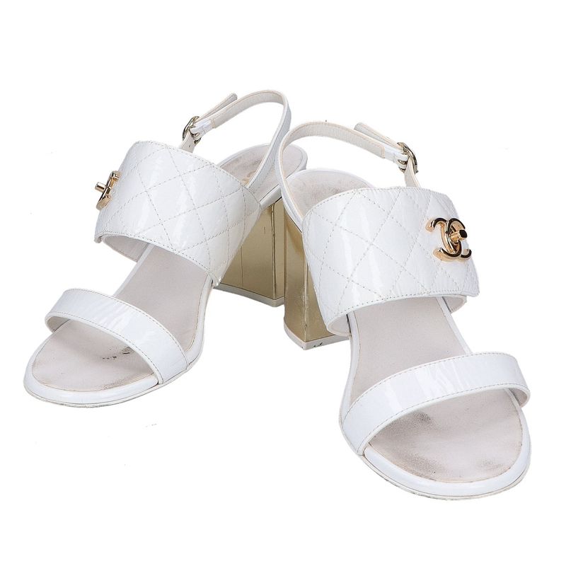 Chanel CC Logo Turnlock Quilted Patent Sandals 36 1 2C ) White