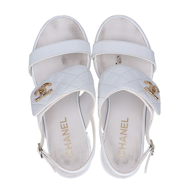 Chanel CC Logo Turnlock Quilted Patent Sandals 36 1 2C ) White