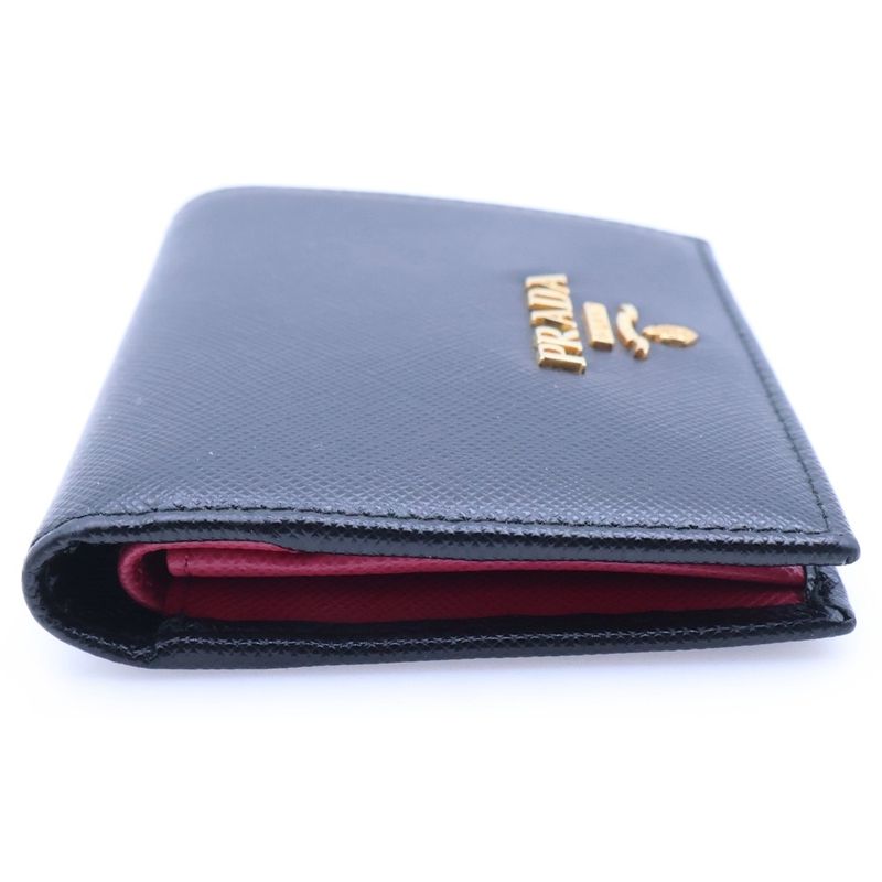 Prada Saffiano Bifold Wallet Compact Coin Case Black Leather Gold Pink White