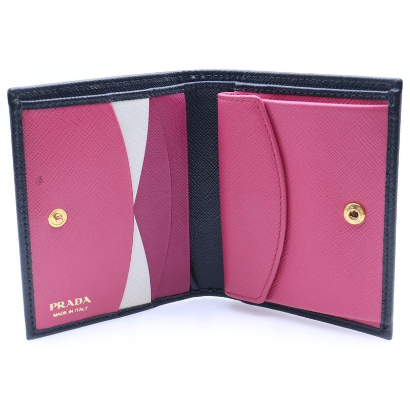 Prada Saffiano Bifold Wallet Compact Coin Case Black Leather Gold Pink White