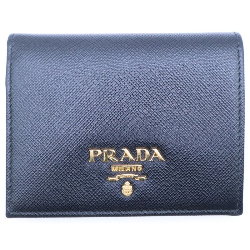 Prada Saffiano Bifold Wallet Compact Coin Case Black Leather Gold Pink White