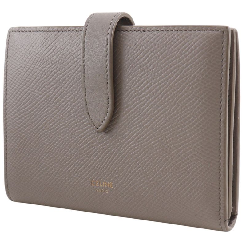 Celine Strap Wallet Leather Grey Bifold Greige