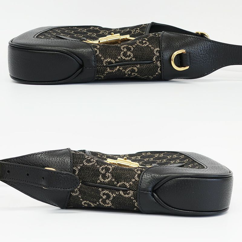 Gucci Jackie Small Shoulder Bag GG Denim Leather Black Gold