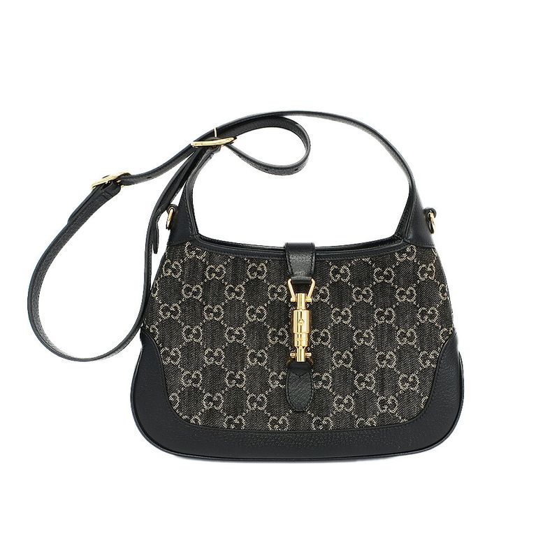 Gucci Jackie Small Shoulder Bag GG Denim Leather Black Gold