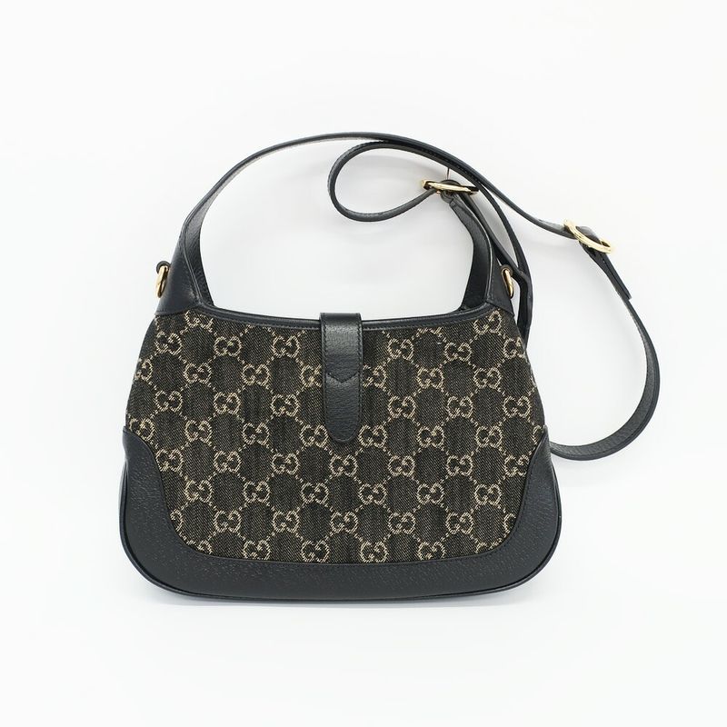 Gucci Jackie Small Shoulder Bag GG Denim Leather Black Gold