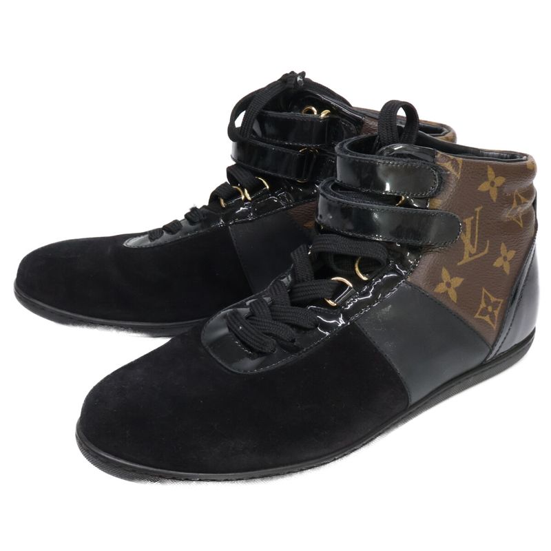 Louis Vuitton Move Up Suede Monogram Canvas High Cut Sneakers 37.5 ) Black Brown