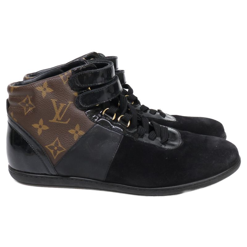 Louis Vuitton Move Up Suede Monogram Canvas High Cut Sneakers 37.5 ) Black Brown