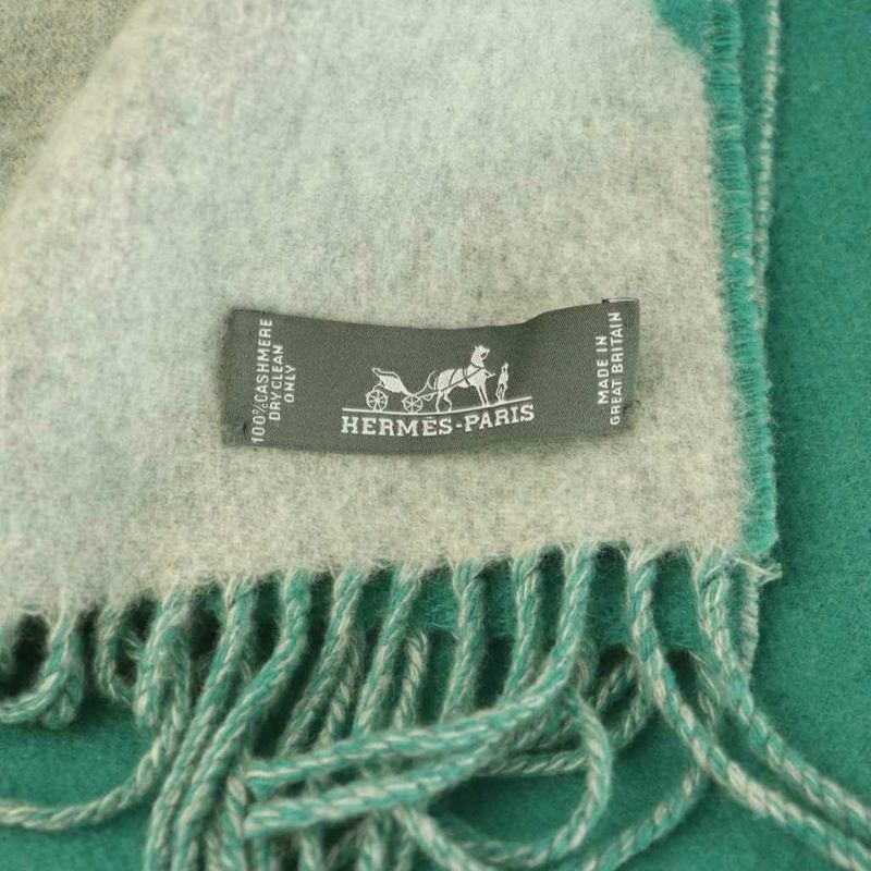 Hermes Kazak Scarf Cashmere Fringe Gray Green OS Graygreen
