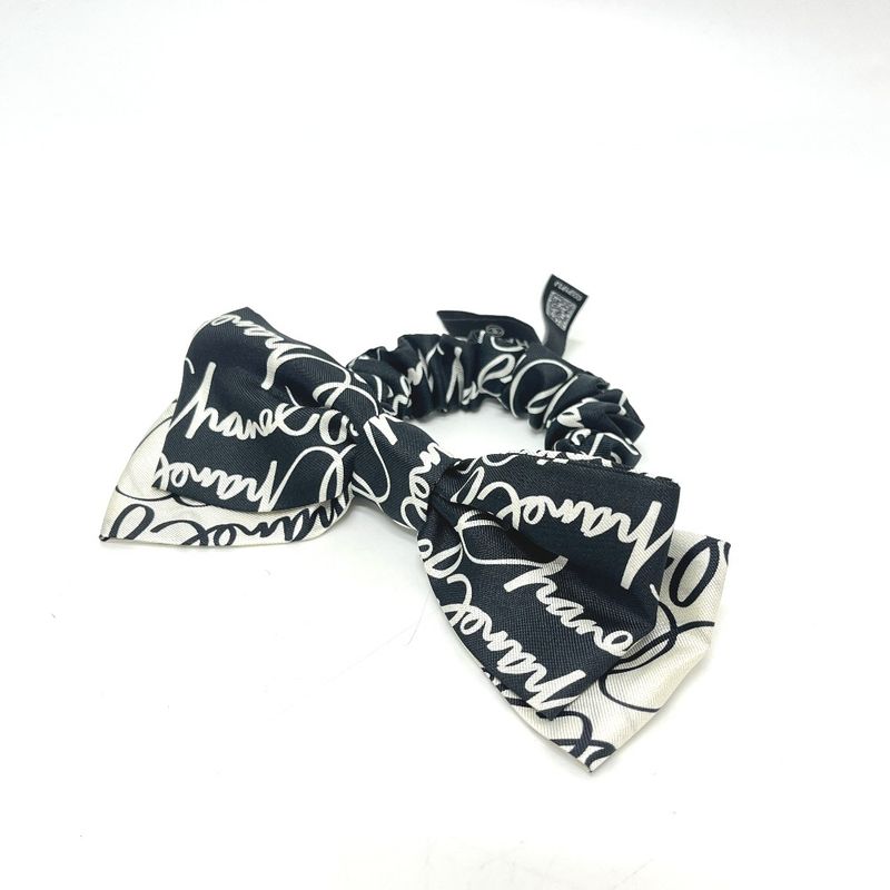 Chanel Scrunchie All Over Pattern Bicolor Ribbon Silk Black