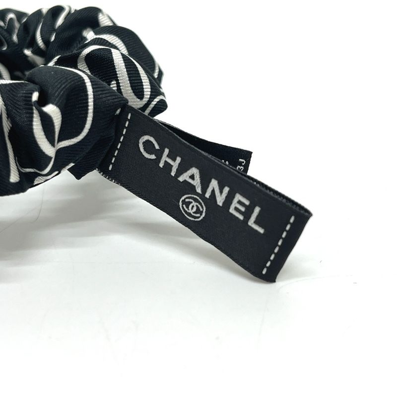 Chanel Scrunchie All Over Pattern Bicolor Ribbon Silk Black