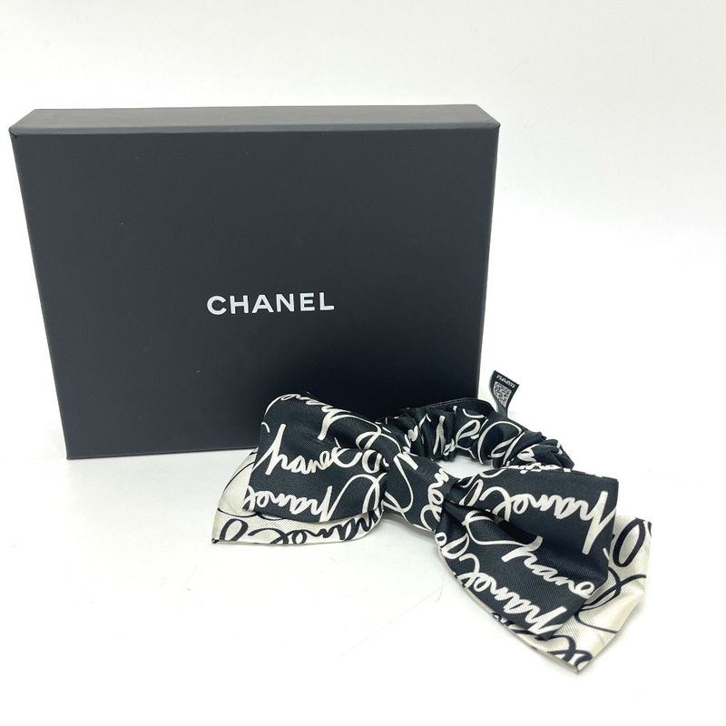 Chanel Scrunchie All Over Pattern Bicolor Ribbon Silk Black