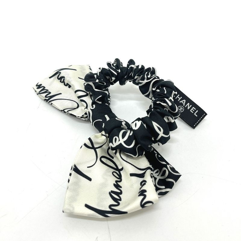 Chanel Scrunchie All Over Pattern Bicolor Ribbon Silk Black
