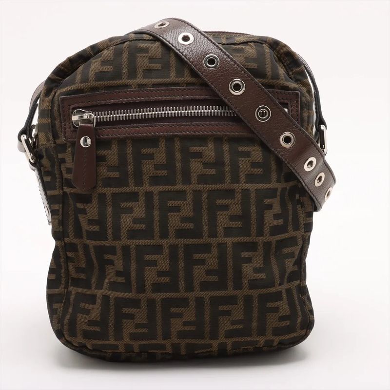 Fendi Zucca Leather Shoulder Bag Crossbody Hand Tote Brown