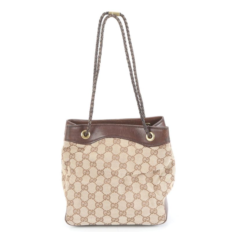 Gucci GG Canvas Braided Shoulder Leather Tote Hand Brown