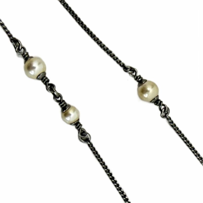 Chanel CC Logo Necklace Faux Pearl Chain Pendant Rhinestone Bijou Silver S Wy