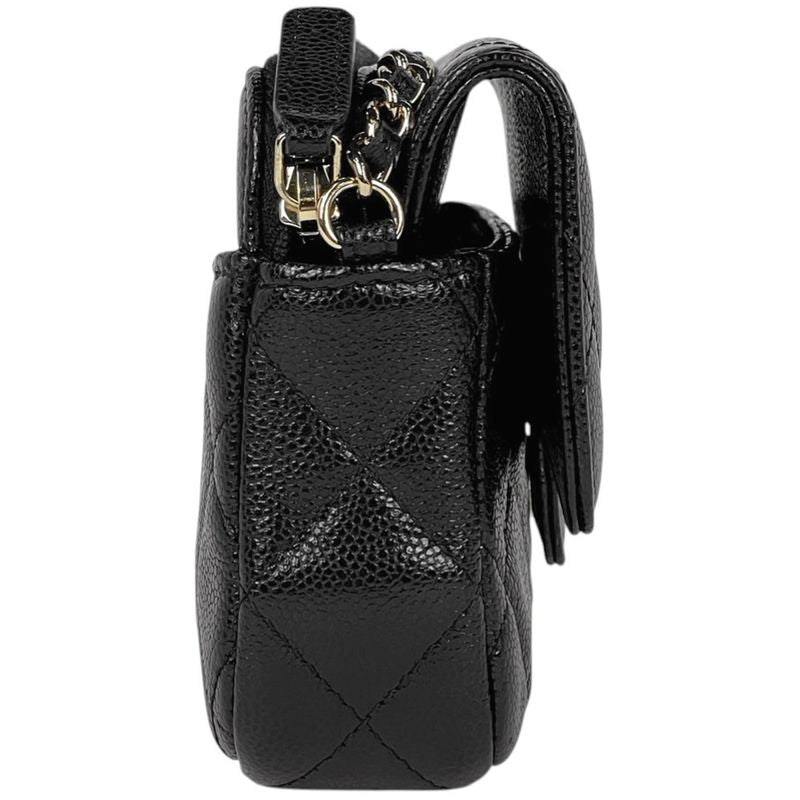 Chanel CC Logo Chain Wallet Quilted Caviar Leather Black