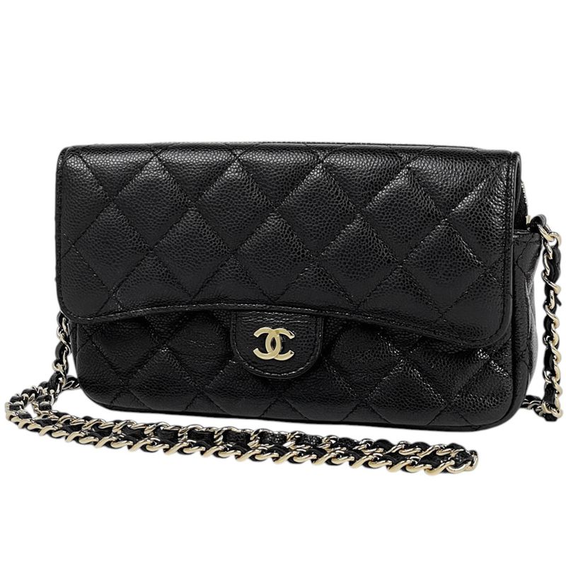Chanel CC Logo Chain Wallet Quilted Caviar Leather Black