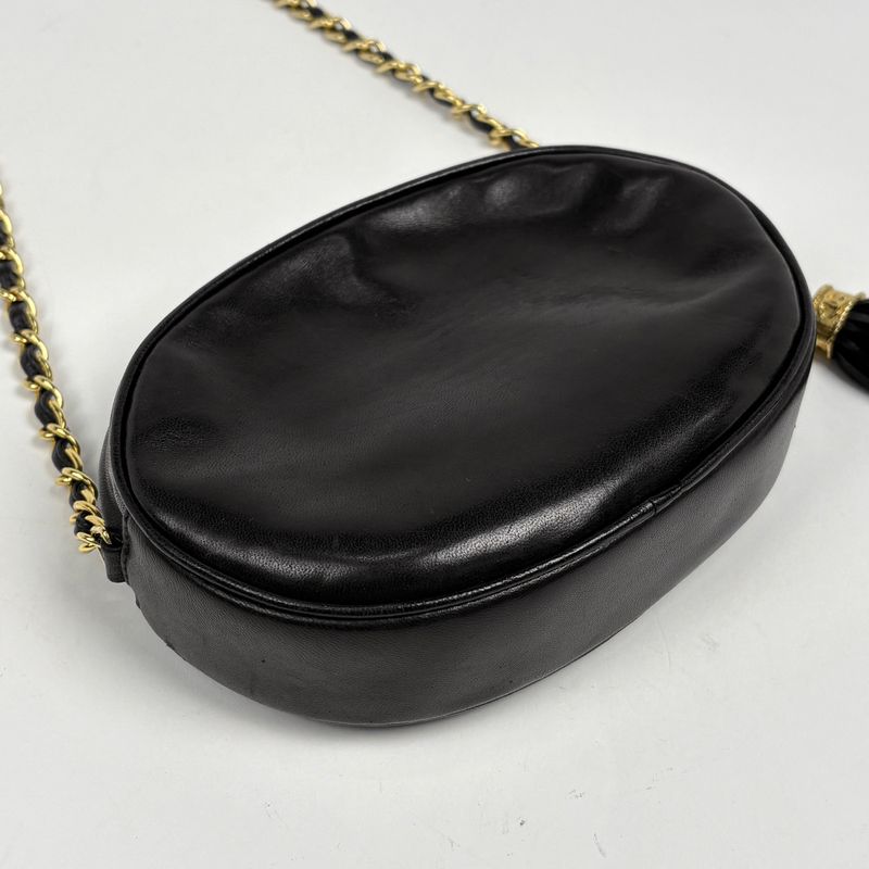 Chanel CC Logo Chain Shoulder Bag Fringe Leather Black