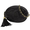 Chanel CC Logo Chain Shoulder Bag Fringe Leather Black