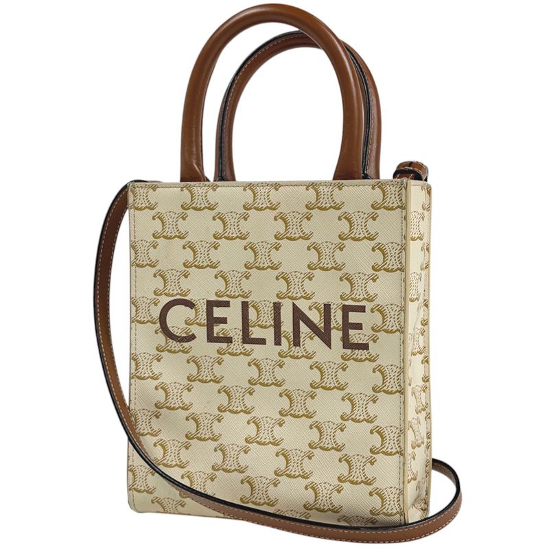 Celine Mini Vertical Cabas Triomphe 2-Way Shoulder Bag Tote White Brown