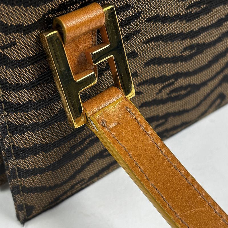 Fendi Zucca Logo Handbag Zebra Pattern Canvas Brown