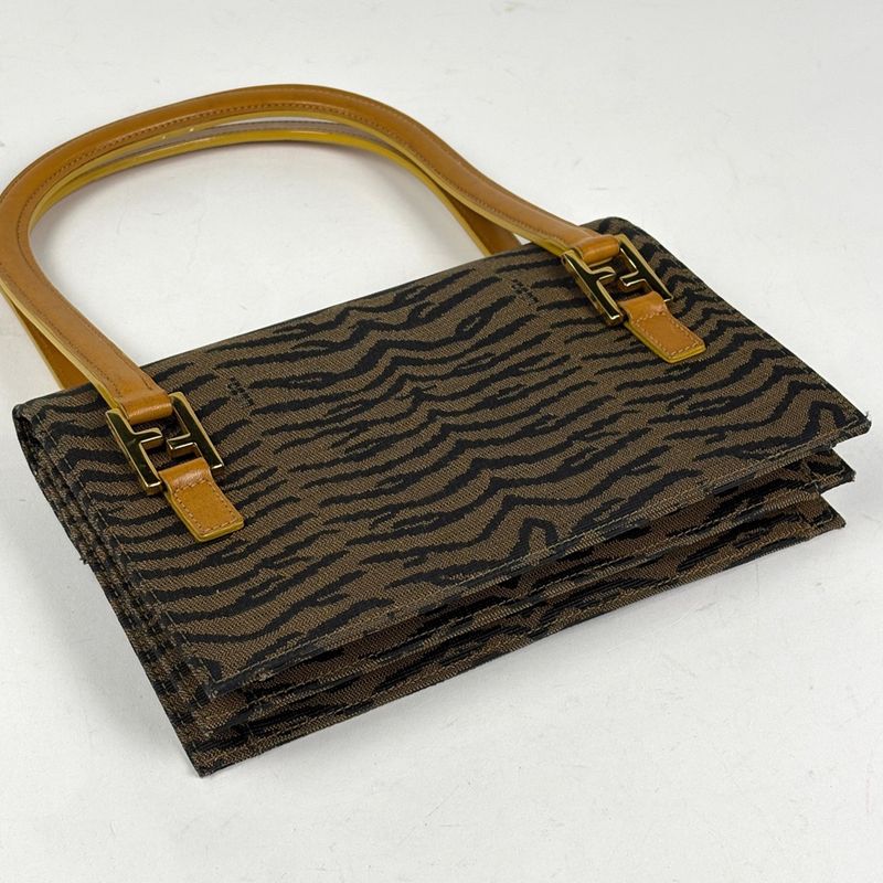 Fendi Zucca Logo Handbag Zebra Pattern Canvas Brown