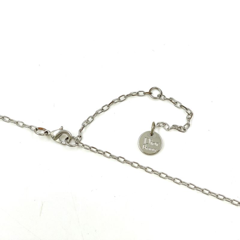 Dior Logo Charm Metal Rhinestone Faux Pearl Ivory Clear Necklace Ivory